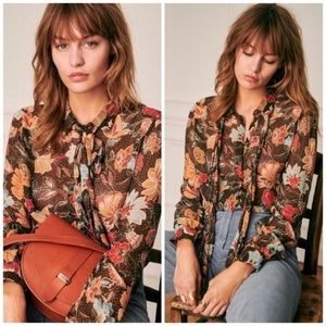 Sezane Sheer Floral Tie Neck Blouse